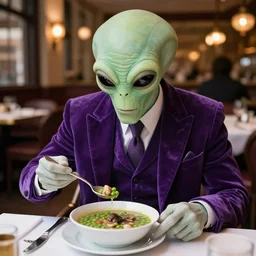 a modernized alien in a purple three - piece suit made of velvet, he is enjoying a bowl of split pea and mushroom soup at a 5 - star restaurant in the bronx, photorealistic, highly detailed, photography, refined spontaneity