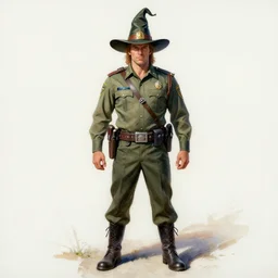 a oil / watercolor painting full body character portrait of a sheriff / wizard in the style of moebius in the style of leonard boyarsky trending on artstation deviantart pinterest detailed photorealistic highlights and shadow hd 8 k post - processing high resolution
