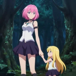 tall anime girl with short pink hair holds hands with a short anime girl with long blonde hair in a dark mystical forest, anime key visual, official media