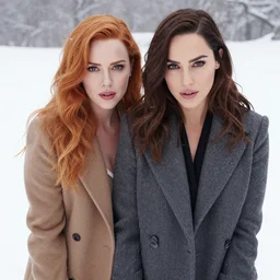 a gorgeous christina hendricks and gal gadot hyrid, photo, professionally retouched, soft lighting, torso, legs, feet, long coat, realistic, smooth face, perfect eyes, wide angle, sharp focus on eyes, 8 k high definition, insanely detailed, intricate, elegant, art by artgerm, snowy winter