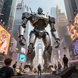 highly detailed vfx portrait of a giant walking robot destroying new york city times square stephen bliss, unreal engine, greg rutkowski, loish, rhads, beeple, makoto shinkai and lois van baarle, ilya kuvshinov, rossdraws, tom bagshaw, alphonse mucha, global illumination, detailed and intricate environment