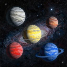 A beautiful painting of a five planets, There are only five planets that are black, white, yellow, red, and blue, behind the galaxy and the universe, Trending on artstation, starry sky, Gioele Muscolino