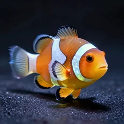 magnificent bioluminescent translucent, hyperrealistic clown fish, trending on artstation, impressive lighting, casting dark grainy shadows. octane render, 4 k