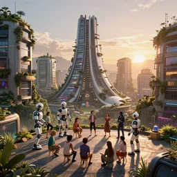 a cinematic composition depicting : we're overlooking a cyberpunk civilization with overgrown buildings by santiago calatrava, where a solarpunk tribe is peacefully collaborating with their android helpers, octane render, hyperrealistic, at sunrise