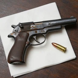 An old rusty pistol on a napkin, deeply rusted, water damage, bullet beside it,