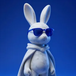 rabbit groot as marble statue with sunglasses, blue sunglasses, in blue background, soft blue texture, blue realistic 3 d render, high blue lights, 4 k, high detailed photography cape, 5 0 mm lens, rich blue colors, smooth gradients, depth of field, cinematic
