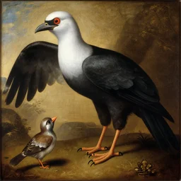large monster bird confronts a small innocent bird, renaissance painting
