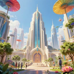 joyful opulent futuristic art deco city sunny day monolithic skyscrapers colorful [ floating parasols ] pedestrians trees flowers park lotus clear focus clean lines cineamtic lighting art deco architecture fantasy by paul ozzimo james clyne ross tran greg rutkowski beautiful intricate elegant highly detailed artstation octane render