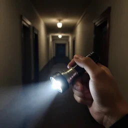 close-up photograph of a hand holding a flashlight with the light going down a dark hallway in a haunted house from the 1800's