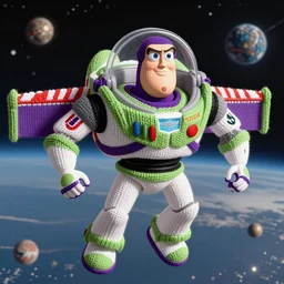 a photorealistic photograph of a knitted Buzz Lightyear as Captain America flying through outer space Trending on Artstation, featured on Behance, well-rendered, Unreal Engine, 4K HD