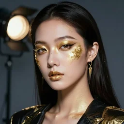 girl with cyberpunk royal magic gold makeup, studio light, by terry richardson