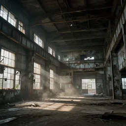 abandoned industrial factory interior, dustlight, digital art, trending on artstation