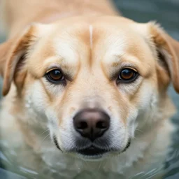 a macro shot photo face of a dog in water