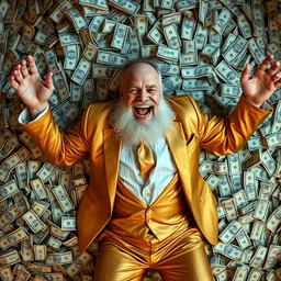 an overhead view of a greedy old bearded man in a gold suit laughing hysterically who is lying on a big pile of money with his arms and legs outstretched