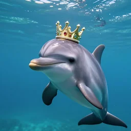friendly dolphin wearing a crown in a dappled sunlit ocean, hyper detailed, photorealistic, octane render, 8k, nature photography