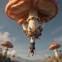 a matte painting of a human descending from sky with magic mushrooms, in style of Dalli, by Android Jones, octane renderer, unreal engine, hyper detail, high textures, hyper sharp, insanely detailed and intricate, super detailed, 4k HDR high quality