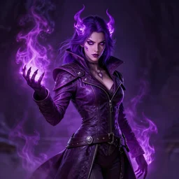 portrait of a mix between necromancer and pyromancer, female, fire and death, purple fire, leather coat, high fantasy, dnd, highly detailed, smooth, sharp focus, digital illustration, by artgem, rossdraws, sakimichan