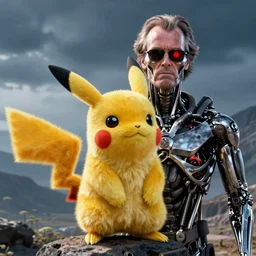 Jack Nicholson plays Terminator Pikachu, scene where his inner exoskeleton is visible and his eye glows red, still from the film by Stanley Kubrick