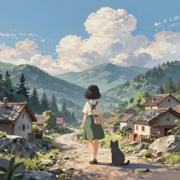 the girl and the cat. morning in a small village in the mountains, rocky roads, beautifull puffy clouds.  anime, studio ghibli. intricate, elegant, super highly detailed, professional digital painting, artstation, concept art, smooth, Unreal Engine 5, 8k resolution, cinema 4d, 3D, beautiful, cinematic