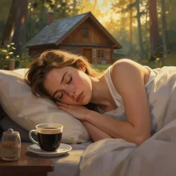 close portrait of sleepy mila kunis waking up with coffee, dramatic light, morning golden hour, forest cabin background, 2 0 0 mm focal length, painted by stanley lau, painted by greg rutkowski, painted by stanley artgerm, digital art, trending on artstation