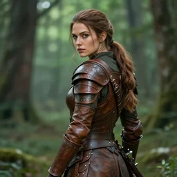 Forest hunter lady, brown leather armor, green background, looking from behind, looking at camera, epic, high fantasy, trending on artstation, artstationHD, artstationHQ, cgsociety, octane, HD 16K