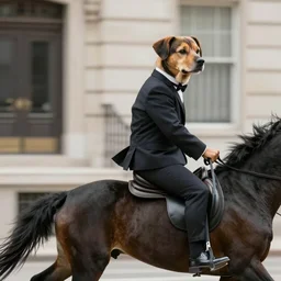 a photo of a dog in a suit riding a black man, 4 k