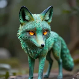 Portrait photography of an Emerald fox sculpture with glowing orange eyes