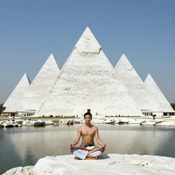 8 k photograph of massive white stone pyramids next to a lake, meditation center surrounded by nature, tall lush trees, people walking around, beautiful, dreamlike, majestic, flock of birds