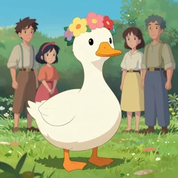 full body shot of a pure white duck wearing a flower crown, beautiful outdoors, cel shaded vector art, toon shading, behance, hd by lois van baarle, helen huang, by makoto shinkai and ilya kuvshinov, rossdraws, disney animation still