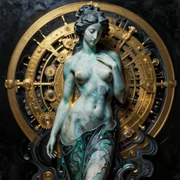 art by camille corot, andy warhol, zeng fanzhi, teal chinese abstract statue of beautiful female body and black swirling liquifying acrylic portrait, volumetric light, highly detailed ornaments, mechanical superstructure, sacred geometry, glowing edges, sad, hurt, beautiful light, statue of carving marble, intricate 8 k render, dark mood, cinematic light, golden spirals, clockwork