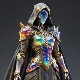 cybernetic crystal assassin, trending concept smooth matte 3 d artwork, realistic, intricate linework, beautiful spectrum of colorful gems on ornate dark grey armor cloak, bright colors, clear focus, glowing, hooded, gothic baroque! gold!, specular, futuristic, detailed, moody, magical, wlop, chebokha, rutkowski, artgerm, shinkai