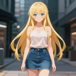 a very beautiful anime girl, full body, long golden hair, sky blue eyes, full round face, short smile, mini jeans skirt, cute top, urban setting, cinematic lighting, medium shot, mid-shot, highly detailed, trending on Artstation, Unreal Engine 4k, cinematic wallpaper by Stanley Artgerm Lau, WLOP, Rossdraws, James Jean, Andrei Riabovitchev, Marc Simonetti, and Sakimichan
