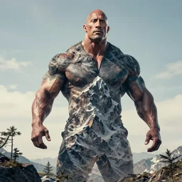 realistic still of cross between large mountain & dwayne johnson, mountain made of dwayne johnson, mountain has dwayne johnson as texture, mountain & human fuse, mountain & human mixture, hybrid, biomorphic, 8 k, 8 5 mm, f. 1 4, beautiful composition