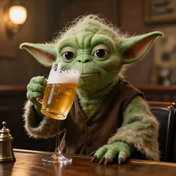 Yoda drinking a beer in a pub