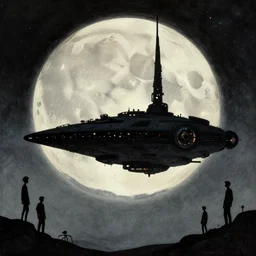 on a strange vintage scifi planet, retrofuturism spaceship silouhetted against a large moon, winslow homer, moebius, michael whelan, artstation