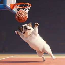 a scene from airbud the movie, a white and brown french bulldog slam dunks a basketball