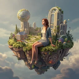 illustration of a woman sitting on the edge of a flying island, whimsical, detailed, volumetric lights, intricate details, raytracing, great complexity, trending on artstation by james c christensen
