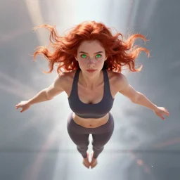 vfx, octane render, zbrush, one beautiful anatomically correct woman, wearing yoga pants with flowing red hair and green eyes, flying towards the camera, volumetric lightning, highly detailed, concept art, art station, center of picture.