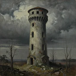 painting of an abandoned tower in the style of beksinski