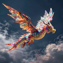 synapses. the flying dragon made of fantasy, holographic undertones, highly saturated colors, made of feathers mist and cloud, digital painting, hd, detailed.