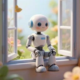 a 3d render of a miniature robotic action figure sitting next to an open window with floral serene environment outside, brilliant reflections, 4k, RTX, Realistic, detailed, trending on artstation, clay render, smooth shine texture