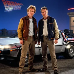 scene from back to the future, doc brown and marty mcfly standing in front of the delorean
