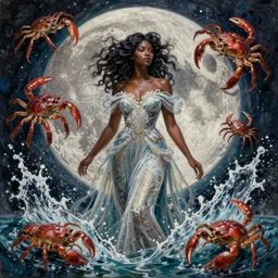 lunar goddess with dress made of splashing water, crustaceans, beautiful mixed race black woman in water gown, lunar imagery, crab symbolism, digital oil painting by artgerm, greg rutkowski, mucha, masterpiece portrait | art nouveau. gloomhaven. ornate intricate detail, complimentary water tones. sharp edges. clear detailed. 8 k. elegance