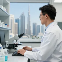 a medical laboratory scientist gazing at the dubai skyline