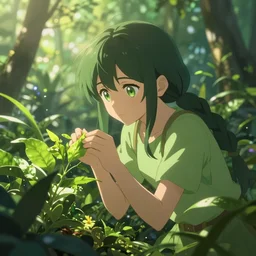 A Green Anime person Being curios to plants, Digital art, Anime style, Cinematic, Epic.