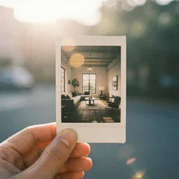 portrait of a hand holding polaroid photo of interior design house, sunday morning, sun, bokeh, lens flare hit camera, yellow light, diffuse light, instagram trending picture, instagram filter, foggy, vintage photography, grainy, light leaks, polaroid