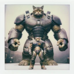 epic pose!!! giant oversized hulked anthropomorphic cat as rugged hulked battle armored machine, in legnica, full body, cinematic focus, polaroid photo, vintage, neutral dull colors, soft lights, foggy mist, by oleg oprisco, by thomas peschak, by discovery channel, by victor enrich, by gregory crewdson