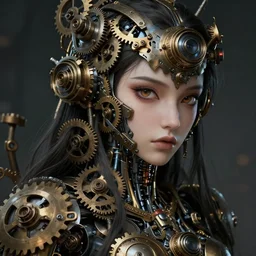 beautiful half human half steampunk cyborg portrait, steampunk, extremely detailed, lush, gears, pretty, cinematic lighting, epic, intense, long hair, brown eyes, cool, anime,