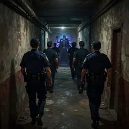 police men following a mage down a narrow dilapidated building hallway, dramatic dark lighting, long shot, leage of legends anime, official league of legends art, background by greg rutkowski