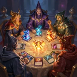 5 wizards around a table playing magic the gathering, with glowing creatures emerging from the cards, vibrant, dramatic, painterly,